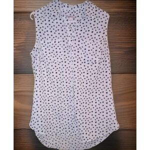 Merona Women Sz L Sleeveless Blouse Shirt White Black Polka Dot V Neck Button Up